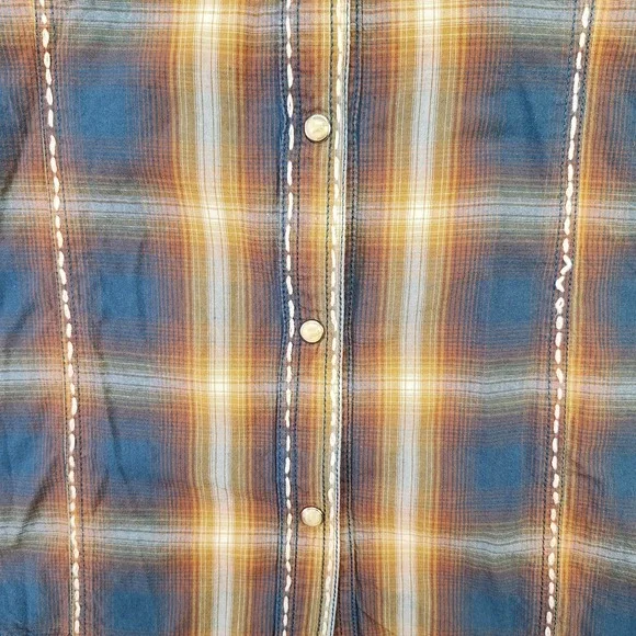 Panhandle Shirt Womens Large Blue Yellow Plaid Western Pearl Snap Embroidered - Picture 2 of 8